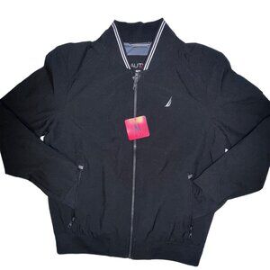Nautica Mens Medium Black Full-Zip Windbreaker Rain Jacket With Embroidered Logo